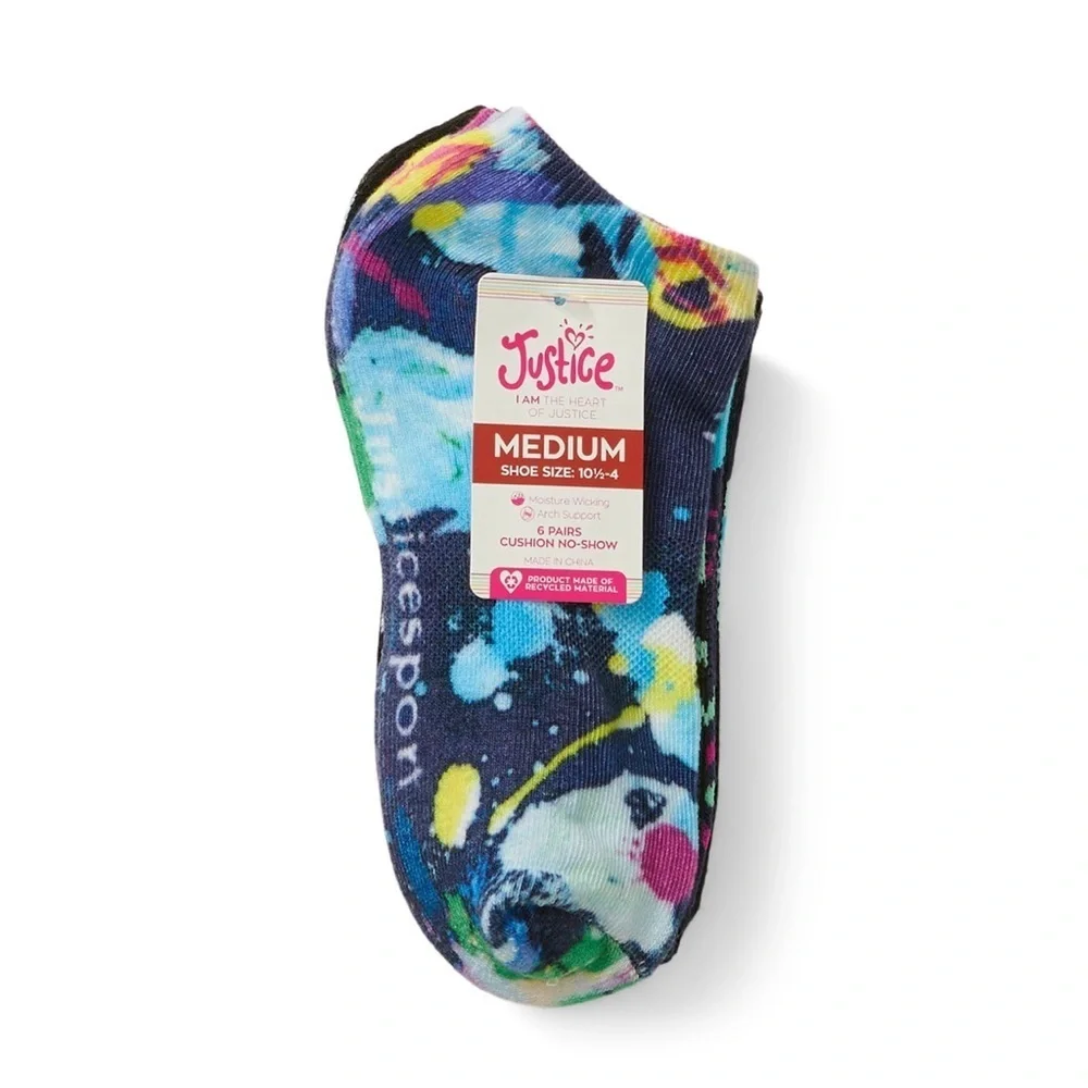 Justice, Girls No-Show Socks, 6-Pack, Sizes M Shoe Size 10.5-4